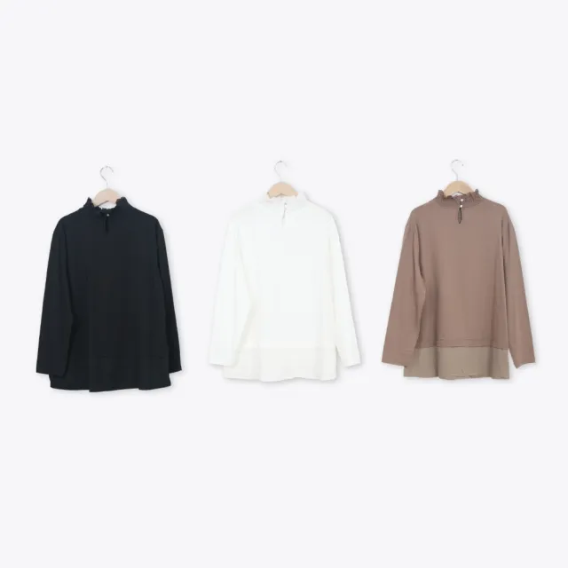 【MOSS CLUB】蕾絲高領假兩件下襬薄棉長袖上衣(黑 白 卡/魅力商品)