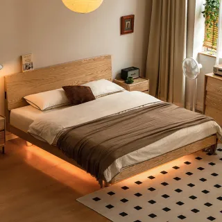 【hoi! 好好生活】源氏木語方圓橡木實木雙人加大180x190懸浮夜燈床架 Y83B25