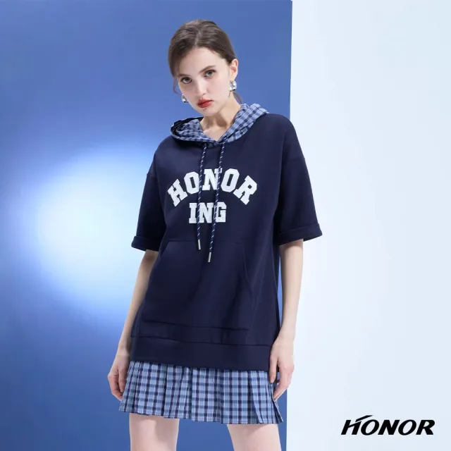 【HONOR 山形屋】出清品 休閒字母口袋拼接格紋連帽洋裝-藍(限定出清)