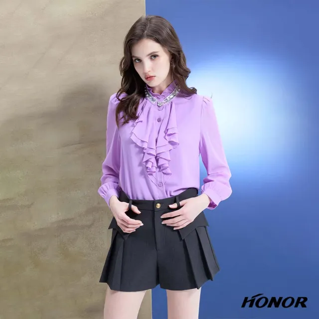【HONOR 山形屋】出清品 優雅亮片鑽釦荷葉花邊雪紡襯衫-紫(限定出清)