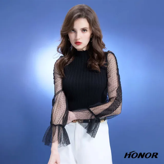 【HONOR 山形屋】出清品 氣質蕾絲透膚木耳邊直條上衣-黑/紫(限定出清)