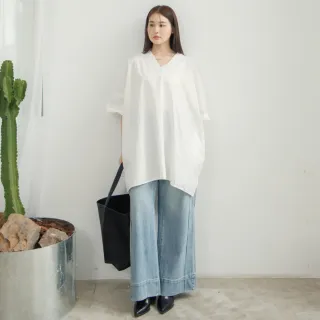 【M：MINb】自在簡約V領長版上衣(白色/中大尺碼女裝/大尺碼女裝/XL女裝/上衣/大尺碼上衣/洋裝)