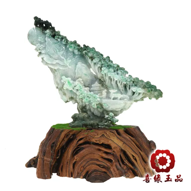 【喜緣玉品】天然翡翠A貨 飄綠 乘風破浪 悟道 遇貴人九鹿 風水擺設 擺件(開運風水)