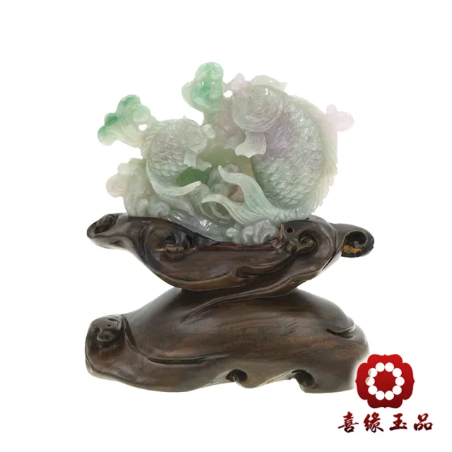 【喜緣玉品】魚 天然翡翠A貨 春彩 雙魚呈祥 春彩滿堂 風水擺設 擺件(開運風水)