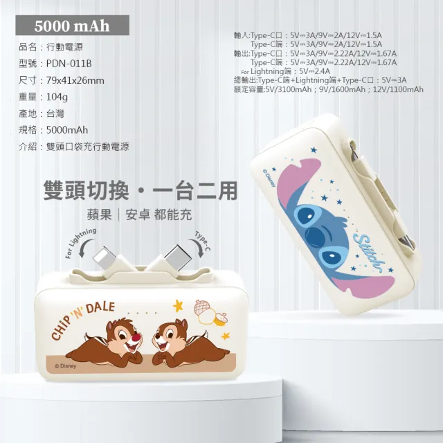 【Disney 迪士尼】雙頭快充口袋行動電源 5000mAh_18.25Wh(PDN-011B/三眼怪/史迪奇/奇奇蒂蒂)