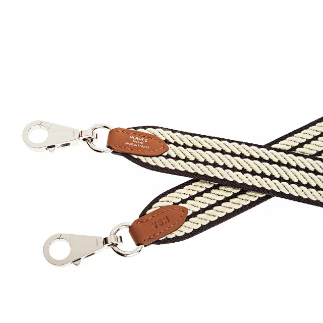 【Hermes 愛馬仕】經典Sangle Cordage 系列雙色銀扣窄版織帶/背帶(prunoir/jaune Milton/gold)