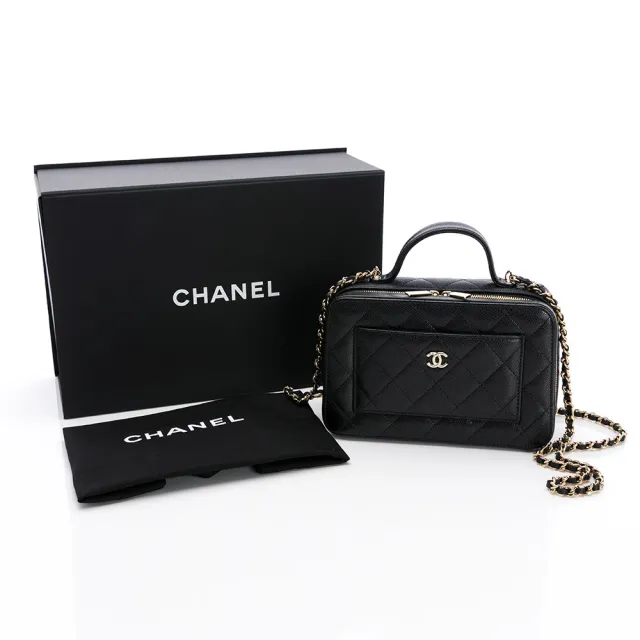 【CHANEL 香奈兒】25B 鍊帶 化妝包(黑/金-粒面/金黑雙色鏈帶)