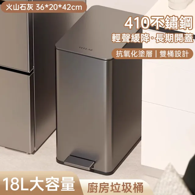 【HUIJIAYIGOU 惠家易購】18L廚房垃圾桶 腳踩帶蓋垃圾桶 不鏽鋼垃圾桶(輕音緩降 內置除味盒 36*20*42公分)
