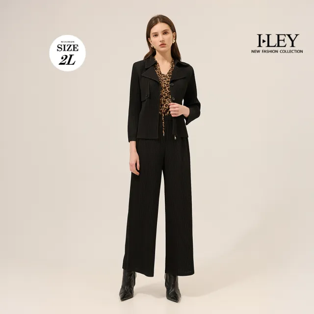【ILEY 伊蕾】高彈修身寬壓褶OL直筒長褲(黑；M-2L；1253366702)