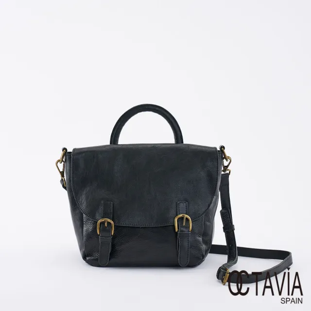 【OCTAVIA 8】雙11 真皮- 文學系 雙皮帶釦手提肩背牛皮郵差書包 - 四書黑(韓系書包 牛皮郵差包)