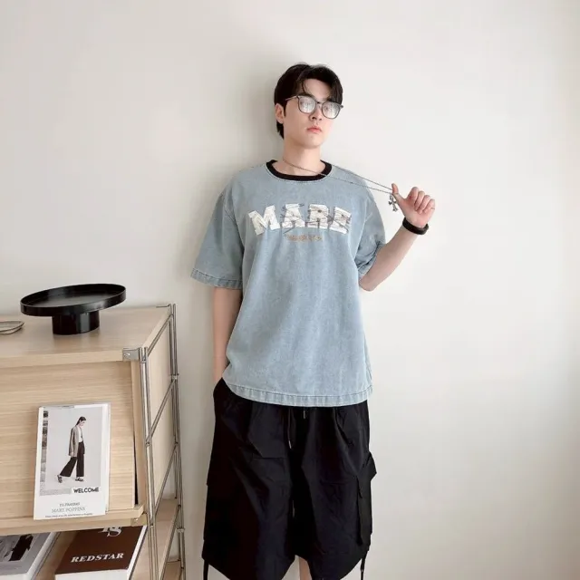 【J.Malo】美式刺繡丹寧短T(丹寧 oversice 圓領 中性上衣)