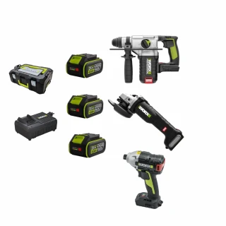 【WORX 威克士】超CP值無刷水電三機組 無刷砂輪機+電錘+起子機(WU939-2.1)
