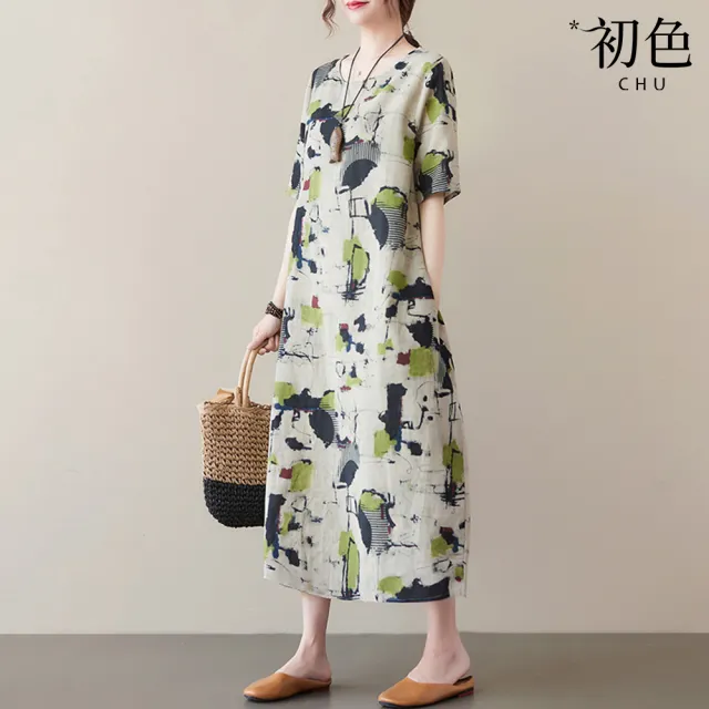 【初色】棉麻風休閒印花寬鬆顯瘦連衣裙長洋裝-10款任選-67993(M-2XL/F可選)