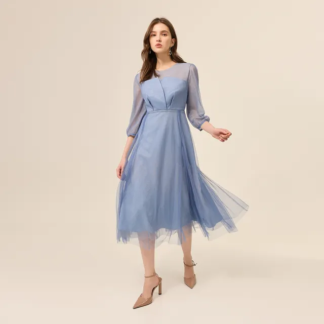【ILEY 伊蕾】優雅銀蔥網紗收腰長洋裝禮服(藍；M-2L；1253527004)