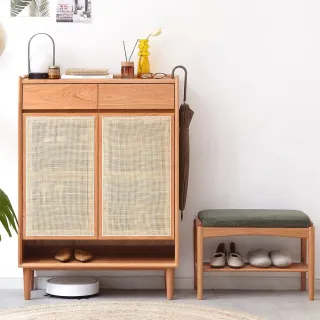 【hoi! 好好生活】預購60天★YW櫻雨櫻桃木實木藤編雙門雙抽收納鞋櫃0.8M Y17L05