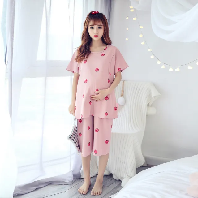 【lingling】全尺碼-草莓印花棉哺乳衣短袖二件式睡衣組 孕婦睡衣居家服(PA4379-草莓豆沙粉)