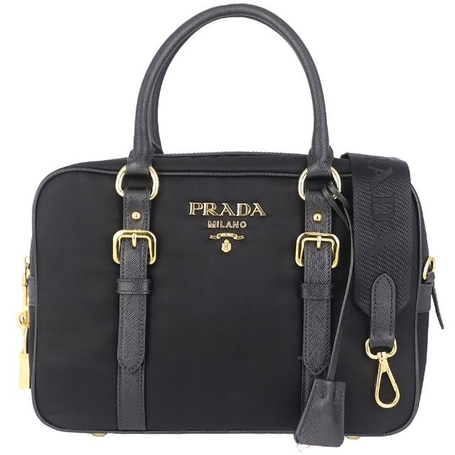 【PRADA 普拉達】品牌標誌尼龍皮飾邊方形鎖頭斜肩/手提包(黑色)