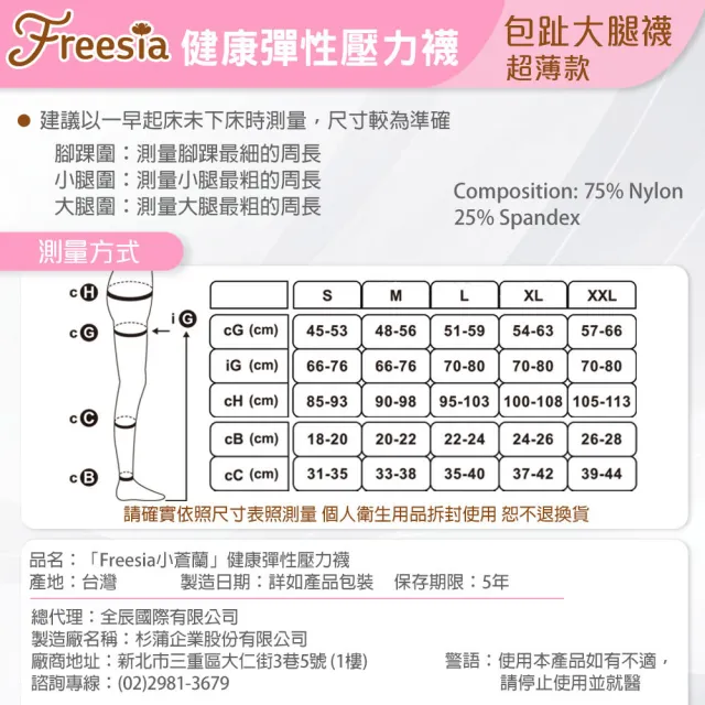 【Freesia】彈性壓力襪-包趾大腿襪X1雙組(200D-運動襪/彈性襪/束腿襪/塑腿襪/美腿襪/台灣醫療級大廠製造)
