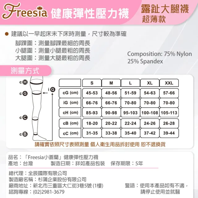 【Freesia】彈性壓力襪-露趾大腿襪X1雙組(200D-運動襪/彈性襪/束腿襪/塑腿襪/美腿襪/台灣醫療級大廠製造)