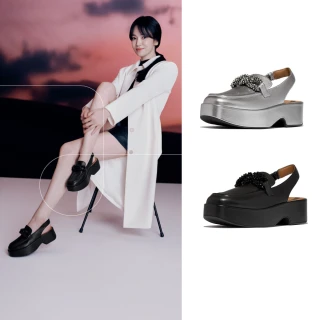 【FitFlop】F-LUMA 串珠鏈條皮革露跟樂福鞋-女(黑色)