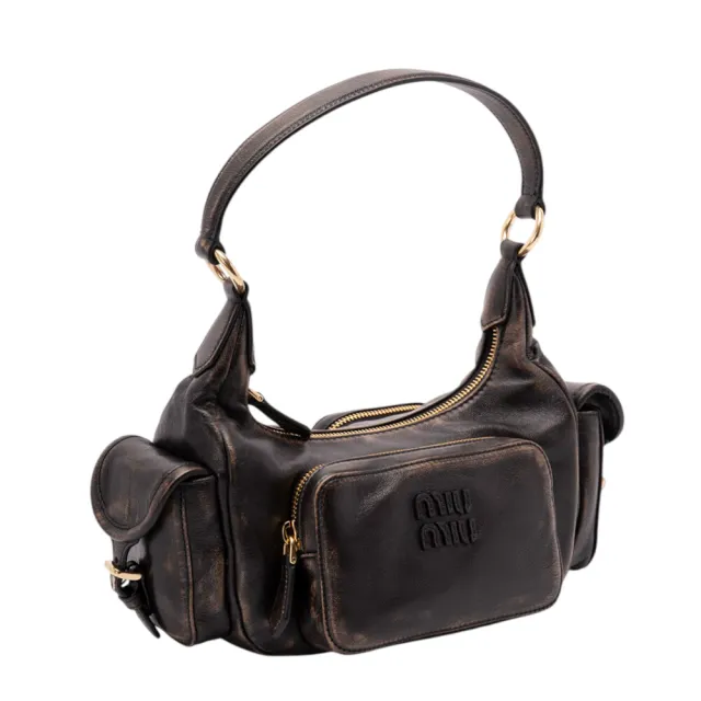 【MIU MIU】Pocket 仿舊 納帕小羊皮 口袋包 腋下包 肩背包 咖啡棕色 5BC188