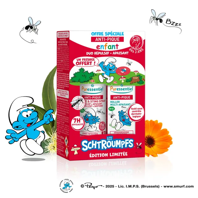 【Puressentiel 璞萃】全效防蚊聯名禮盒｜Smurfs 藍色小精靈限定款贈飛盤(3歲以上寶貝 防蚊噴霧 防蚊滾珠)