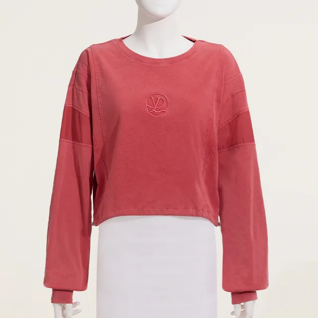 【YUANDONGLI 元動力】水洗棉異材拼接刺繡短版上衣(淺紅;S-L;4253371605)