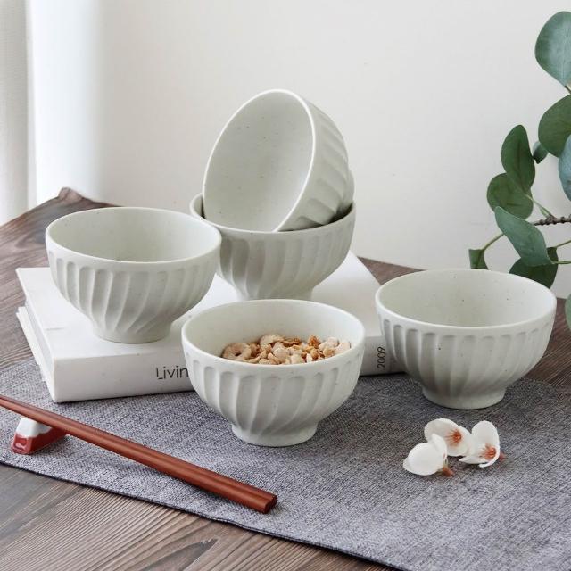 【Just Home】日本製霜釉條紋陶瓷4.5吋飯碗5件組-2色可選(可微波 330ml 碗 飯碗 碗盤 湯碗 點心碗)