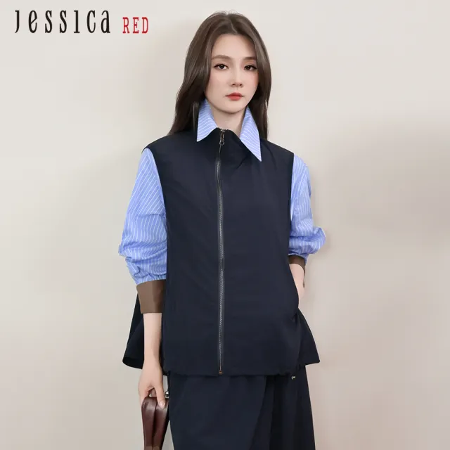 【Jessica Red】工裝風立領斜拉鍊抽繩休閒背心R54901（藏藍）