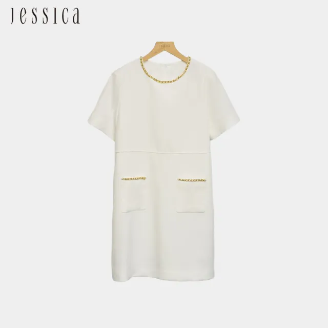 【JESSICA】簡約氣質小香風鏈條邊圓領短袖洋裝J54702（白）