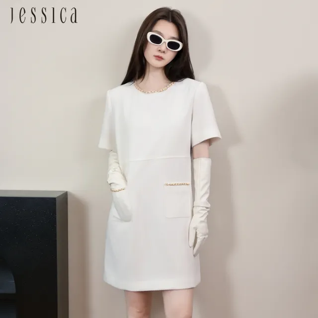 【JESSICA】簡約氣質小香風鏈條邊圓領短袖洋裝J54702（白）