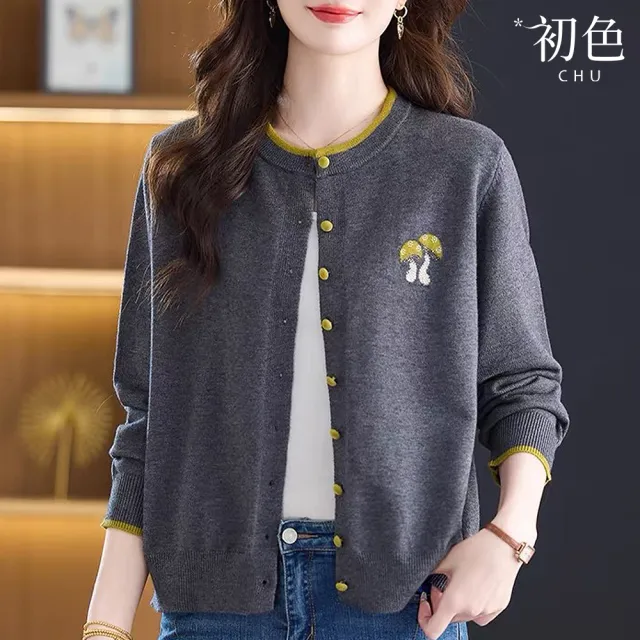 【初色】休閒撞色排釦長袖印花圓領外套女外套-共3色-15634(F可選)