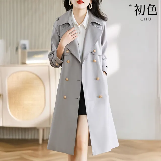 【初色】純色簡約西裝領雙排扣腰帶收腰顯瘦中長版風衣外套女外套-共2色-15659(M-4XL可選)