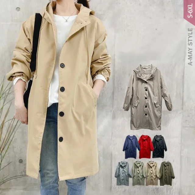 【Amay Style 艾美時尚】中大尺碼女裝 連帽外套 極簡修身顯瘦中長版連帽風衣外套。S-6XL(7色.預購)