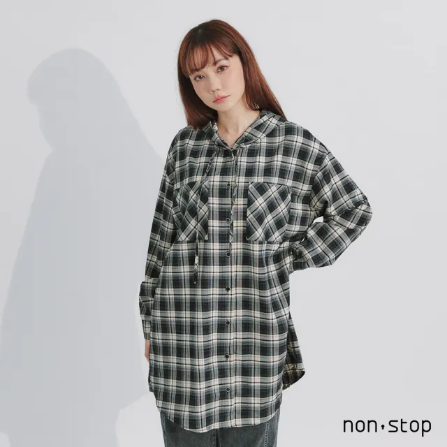 【non-stop】溫潤格紋連帽長版襯衫-1色
