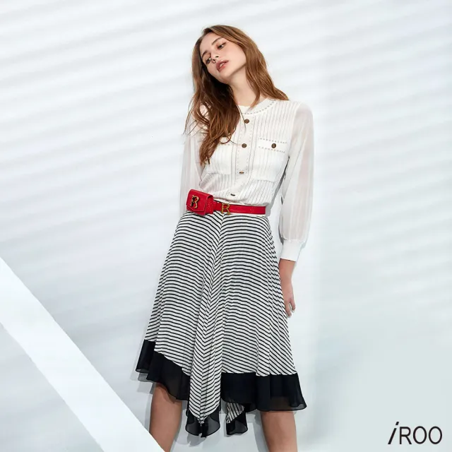 【iROO】條紋雪紡百摺不規則長裙