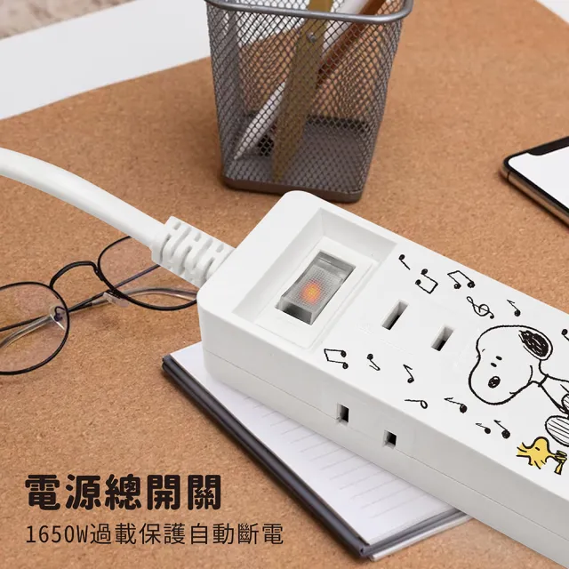 【SNOOPY 史努比】1開3插2埠USB/Type-C 快充延長線 1.2M(附紅屋造型防塵塞)