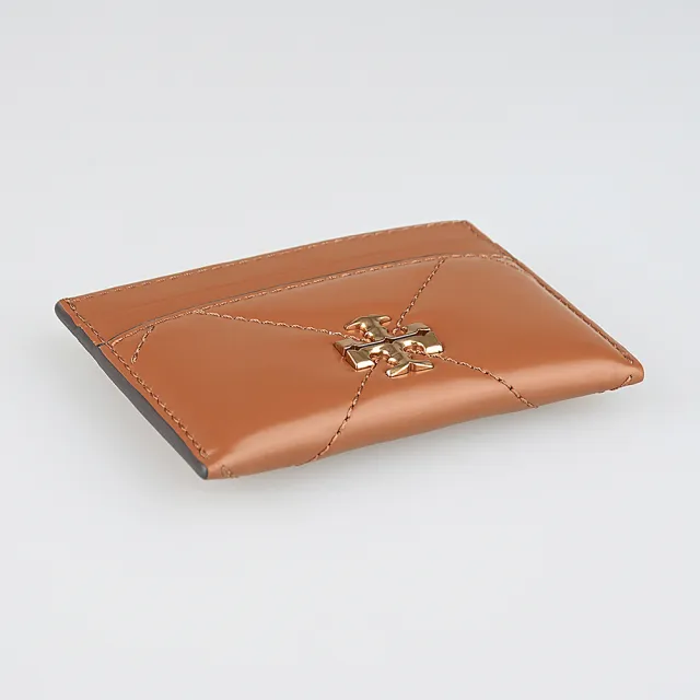 【TORY BURCH】TORY BURCH Kira Diamond立體雙T金字LOGO小牛皮4卡開口式卡片夾(栗子棕)
