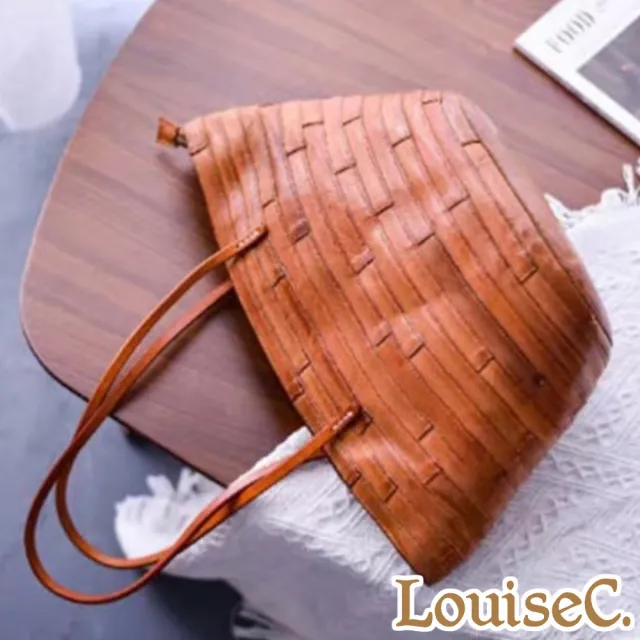 【LouiseC.】雙11 Tree House 植鞣革牛皮 復古水洗做舊工藝 編織車縫 菜籃子大容量肩背真皮包 3色 GK1806