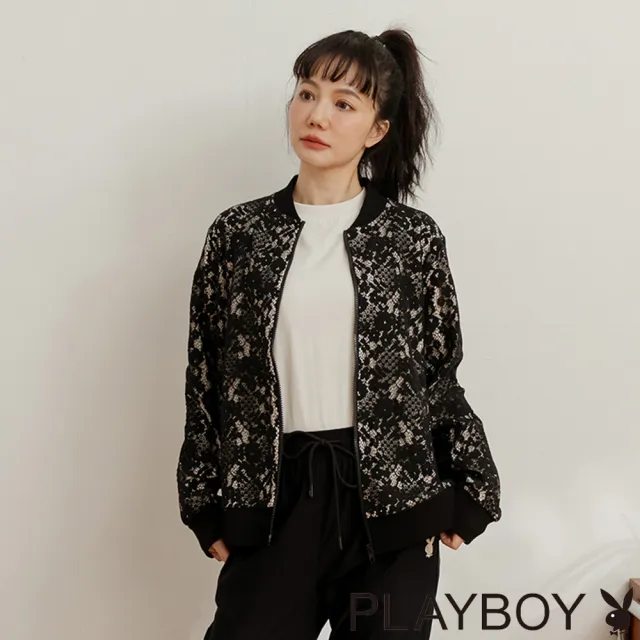 【PLAYBOY】天絲羅馬蕾絲拼接外套(黑色)