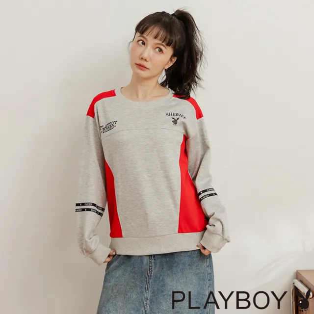 【PLAYBOY】空氣層色塊短版上衣(淺麻灰)