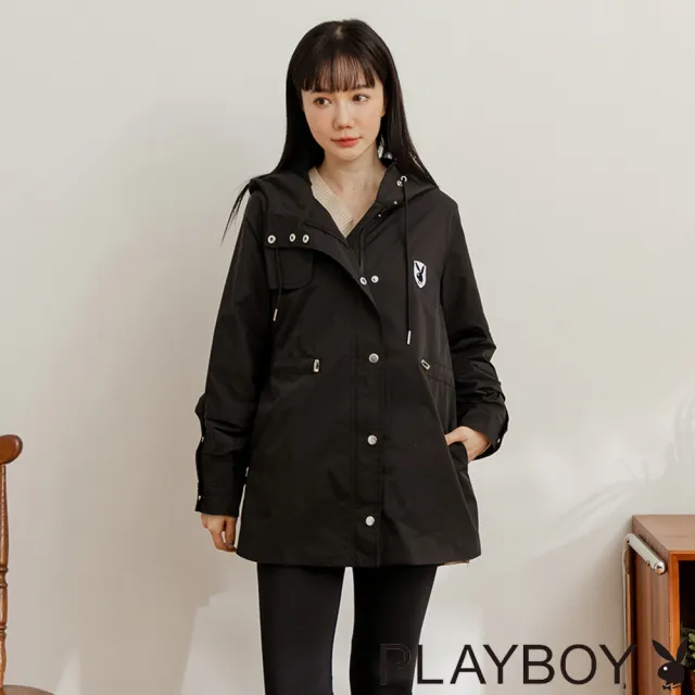 【PLAYBOY】多功能收腰風衣外套(黑色)