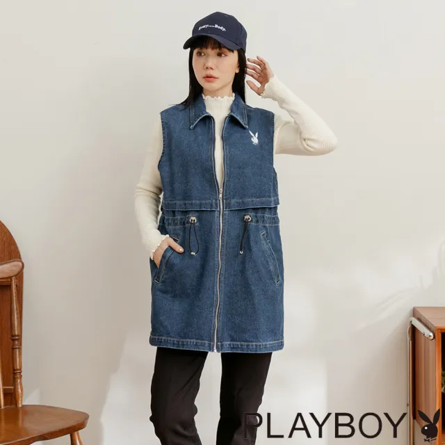 【PLAYBOY】立體剪裁丹寧長版背心(牛仔藍色)