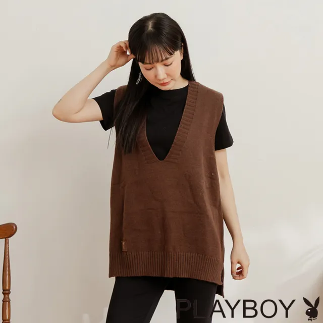【PLAYBOY】V領外罩造型針織背心(深咖啡色)