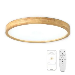 【聚美照明】吸頂燈 APP全光譜無極調光 超薄木圈50CM 5500lm 高亮護眼款(3-6坪/無線遙控/北歐木藝設計)