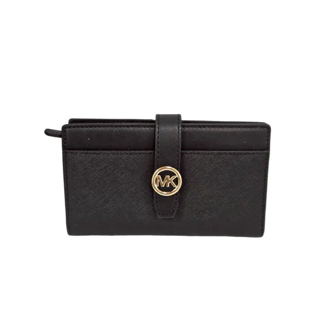 【Michael Kors】滿版LOGO開釦式中款零錢袋卡包 黑色款 滿版款(贈原廠紙袋紙盒送禮)