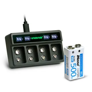 【iNeno】9V/500max 鎳氫充電電池-2入 + 9V鋰電/鎳氫 AI智能 LED顯示充電器