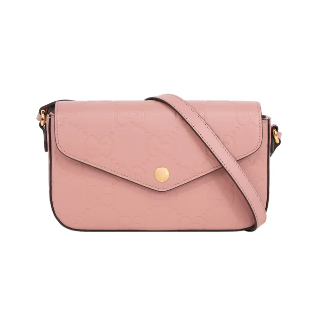 【GUCCI 古馳】大GG Logo 淡金釦信封造型斜背包/WOC(玫瑰粉)