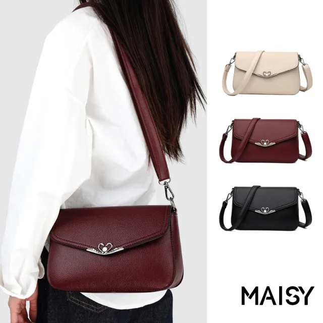 【MAISY】歐美經典軟皮金屬設計斜跨包 單肩包(米色/酒紅色/黑色)
