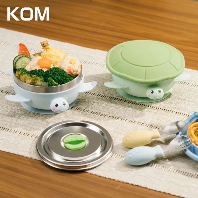 【KOM】海洋系列｜316不鏽鋼兒童矽膠學習隔熱碗-2入組(另贈飛魚湯匙*2+叉子*2+小鯨魚抽繩提袋*1)
